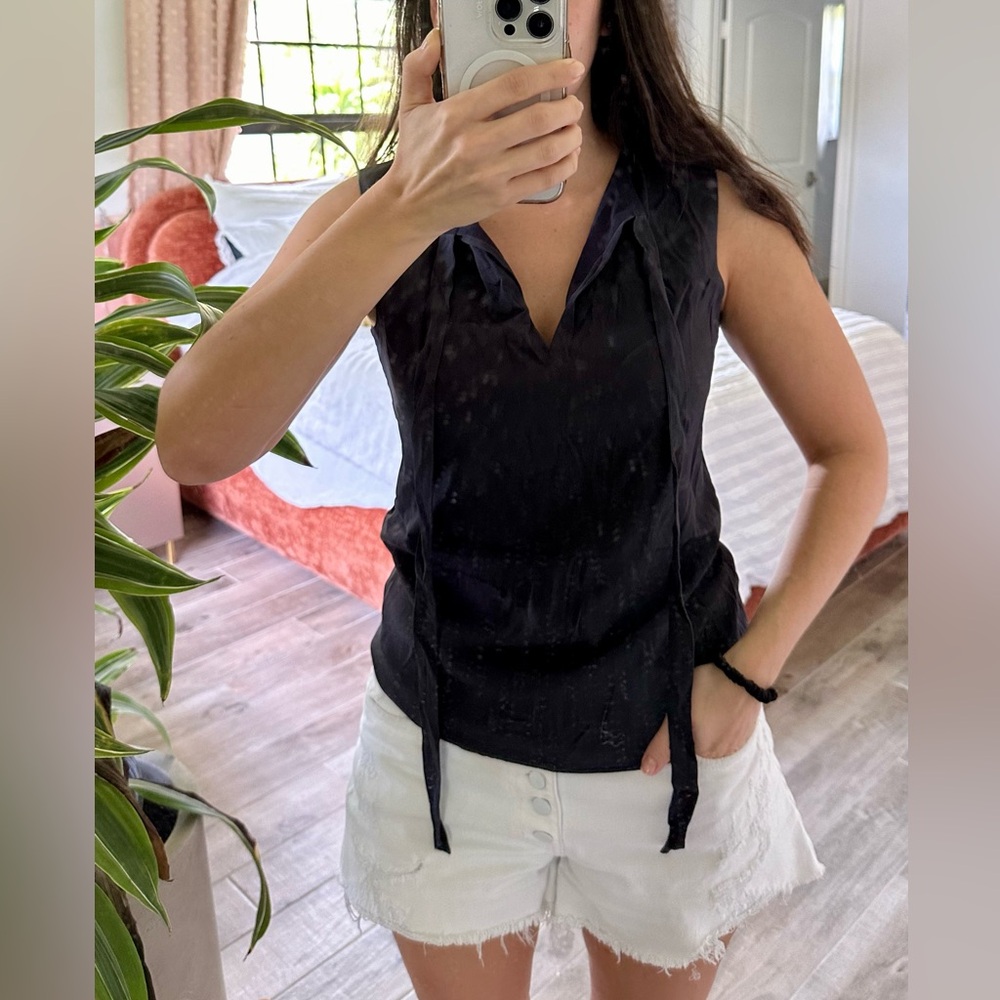 Tory Burch navy blue silk sleeveless top with attached tie detail at neck